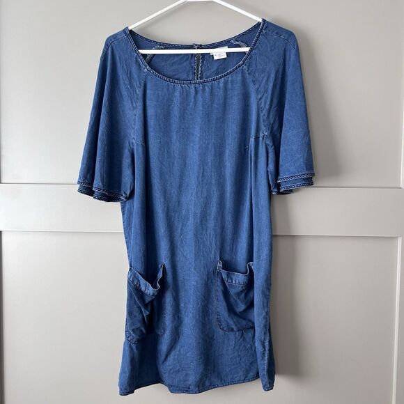 Cooperative Chambray Denim Mini Dress Women Medium Flutter Sleeve Pocket Scoop - Picture 1 of 16